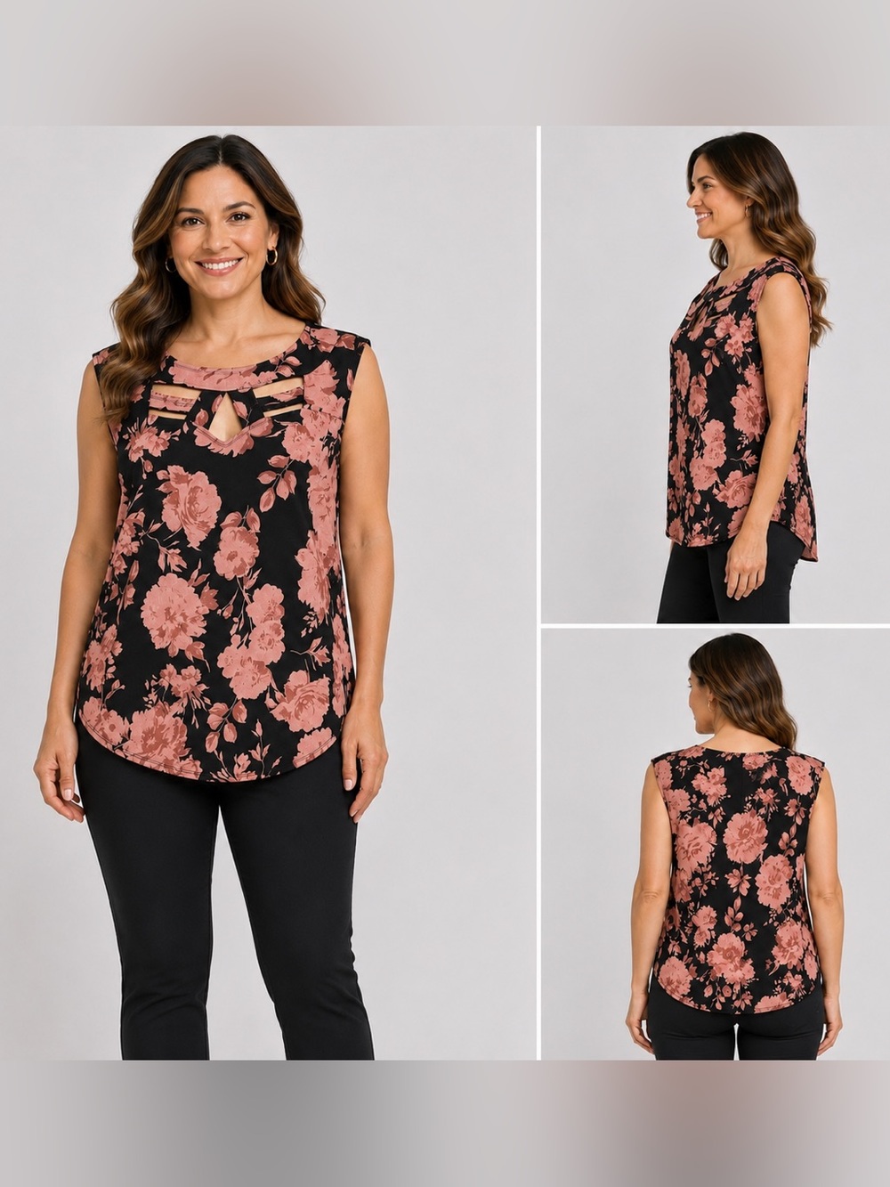 Diana Belle XL Pink Floral Sleeveless Top Black Stretch Keyhole Blouse NWT